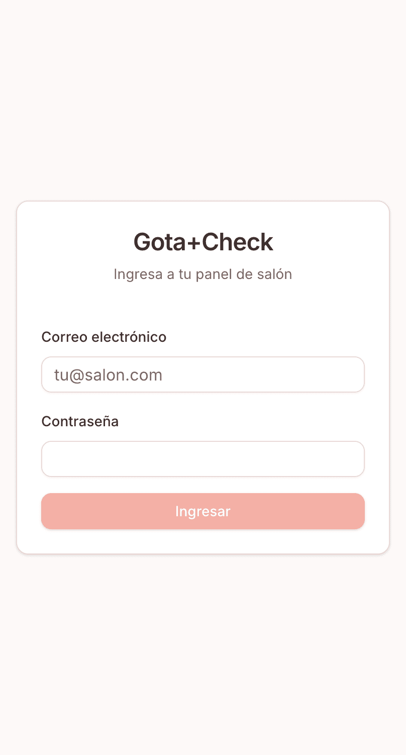 Pantalla de inicio de sesión de Gota+Check