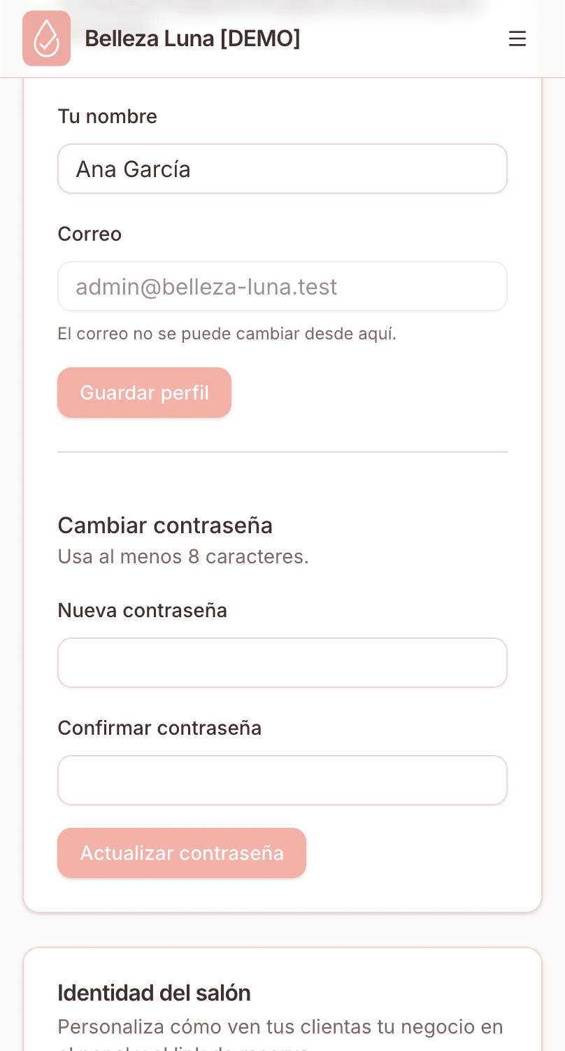 Sección Cambiar contraseña en Ajustes